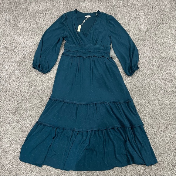 NWT Max Studios Jacquard Satin Tiered Maxi Dress Teal Boho Full Sleeve Size XL - Picture 2 of 11